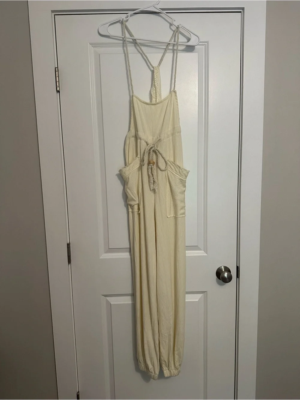 Free People Cream Ribbed Tie-Waist Jumpsuit with Lace Straps